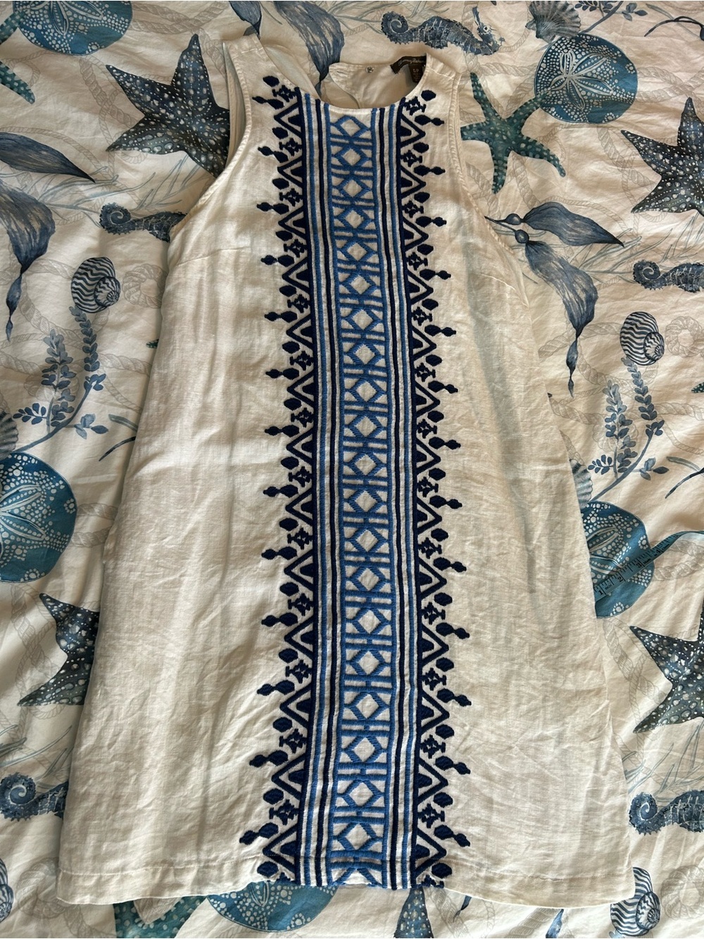 Tommy Bahama White and Blue Embroidered Linen Dress